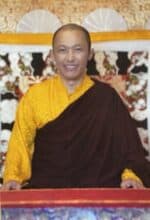 A Buddhist monk in yellow robes sitting at a temple altar.